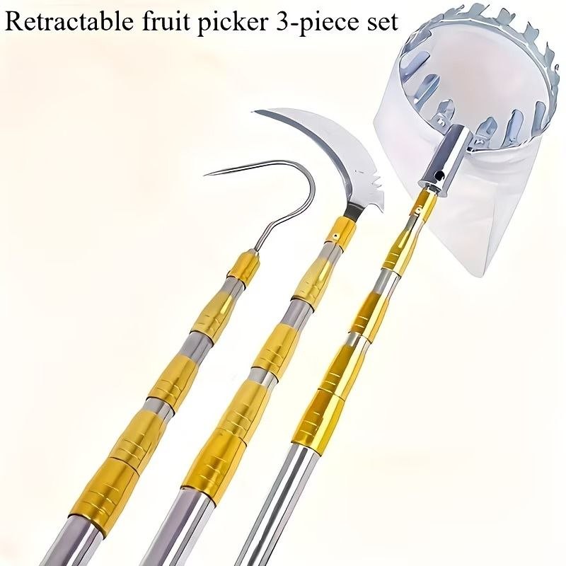 Retractable fruit picker 3-piece set with basket, hook blade, and straight hook